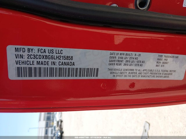 45567769 :رقم المزاد ، 2C3CDXBG6LH215858 vin ، 2020 Dodge Charger Sxt Rwd مزاد بيع