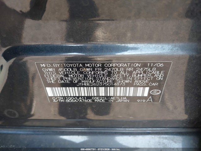 Aukcja sprzedaży 2007 Lexus Is 350, vin: JTHBE262375014873, numer aukcji: 45567781