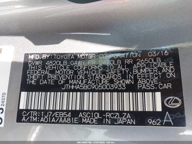 45567786 :رقم المزاد ، JTHHA5BC9G5003933 vin ، 2016 Lexus Rc 200t مزاد بيع