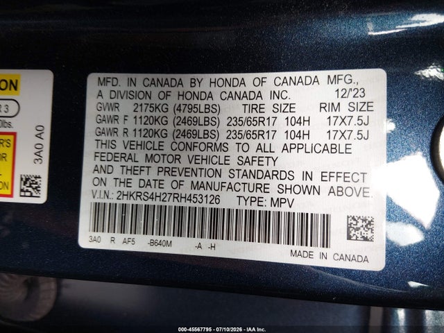 2HKRS4H27RH453126 Honda Cr-v Lx Awd