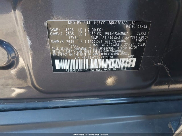 Subaru Outback 2.5i Premium 2015 4S4BSACC6F3318870 Image 9