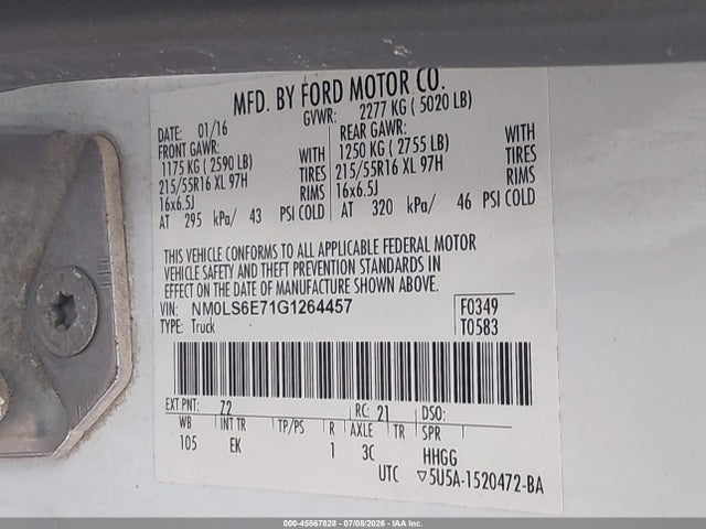 Aukcja sprzedaży 2016 Ford Transit Connect Xl, vin: NM0LS6E71G1264457, numer aukcji: 45567828