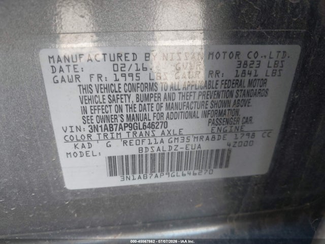 3N1AB7AP9GL646270 Nissan Sentra Fe+ S/s/sl/sr/sv