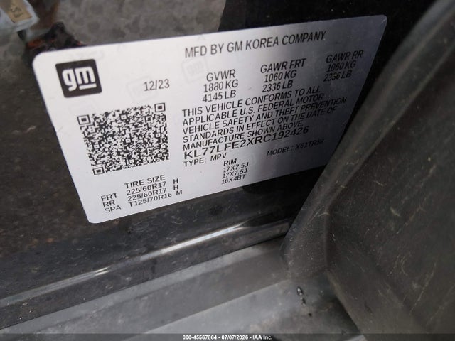 Продажа на аукционе авто 2024 Chevrolet Trax Fwd Sp, vin: KL77LFE2XRC192426, номер лота: 45567864