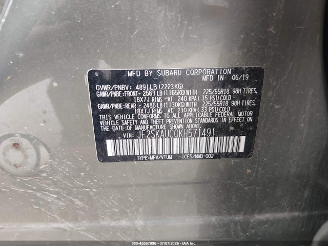 2019 Subaru Forester Limited მანქანა იყიდება აუქციონზე, vin: JF2SKAUC0KH571491, აუქციონის ნომერი: 45567896