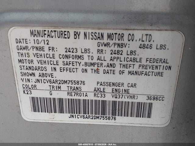 Продажа на аукционе авто 2013 Infiniti G37x, vin: JN1CV6AR2DM755876, номер лота: 45567910