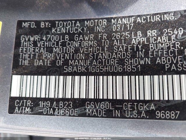 Aukcja sprzedaży 2017 Lexus Es 350, vin: 58ABK1GG5HU061851, numer aukcji: 45567923