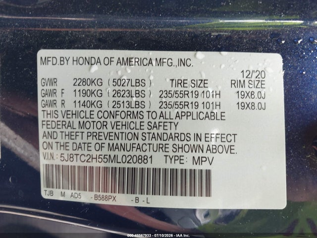 45567933 :رقم المزاد ، 5J8TC2H55ML020881 vin ، 2021 Acura Rdx Technology Package مزاد بيع