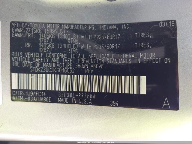 Toyota Sienna Le 8 Passenger 2019 5TDKZ3DC3KS016052 Image 9
