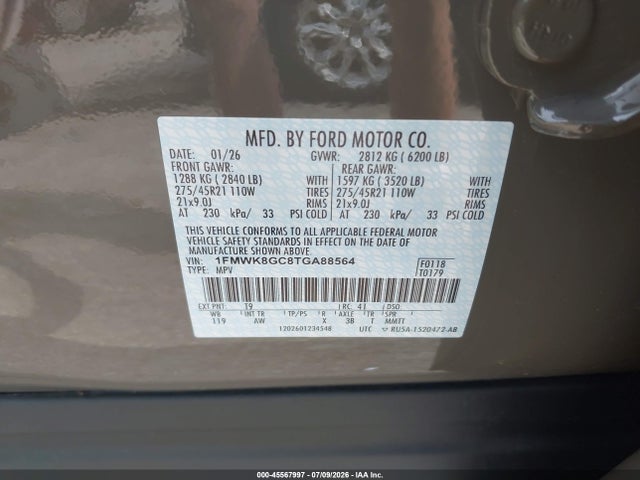 Aukcja sprzedaży 2026 Ford Explorer St, vin: 1FMWK8GC8TGA88564, numer aukcji: 45567997
