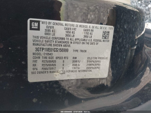 45568000 :رقم المزاد ، 3GTP1VE01CG156999 vin ، 2012 Gmc Sierra 1500 Sle مزاد بيع