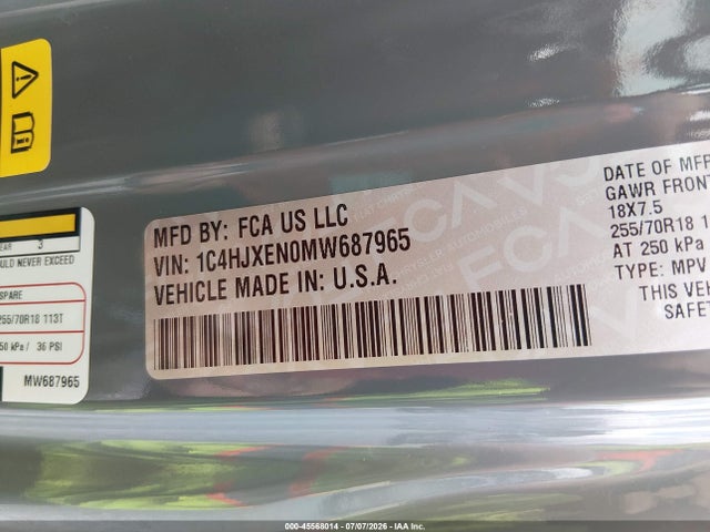45568014 :رقم المزاد ، 1C4HJXEN0MW687965 vin ، 2021 Jeep Wrangler Unlimited Sahara Altitude 4x4 مزاد بيع