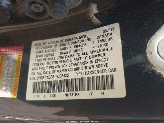 Продажа на аукционе авто 2018 Honda Civic Lx-p, vin: 2HGFC4B08JH308425, номер лота: 45568020