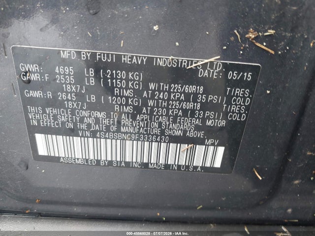 Subaru Outback 2.5i Limited 2015 4S4BSBNC9F3336430 Image 9