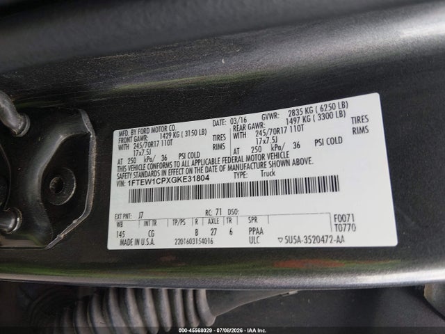 2016 Ford F-150 Xl მანქანა იყიდება აუქციონზე, vin: 1FTEW1CPXGKE31804, აუქციონის ნომერი: 45568029