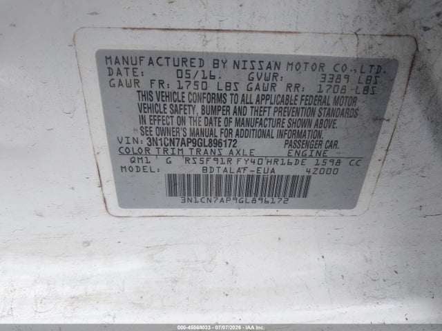 Nissan Versa 1.6 S 2016 3N1CN7AP9GL896172 Image 9