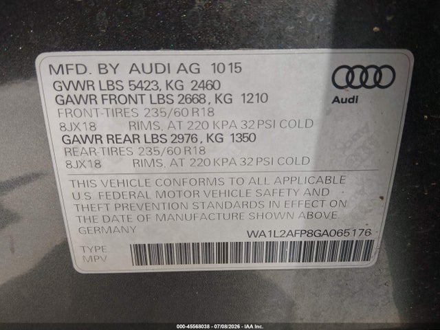 Aukcja sprzedaży 2016 Audi Q5 2.0t Premium, vin: WA1L2AFP8GA065176, numer aukcji: 45568038