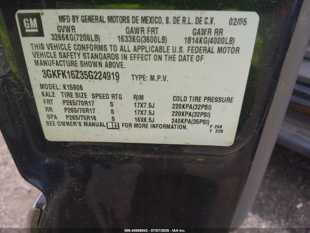 Aukcja sprzedaży 2005 Gmc Yukon Xl 1500 Slt, vin: 3GKFK16Z35G224919, numer aukcji: 45568042