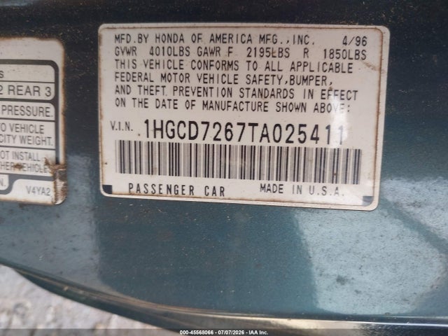 Auction sale of the 1996 Honda Accord Ex, vin: 1HGCD7267TA025411, lot number: 45568066