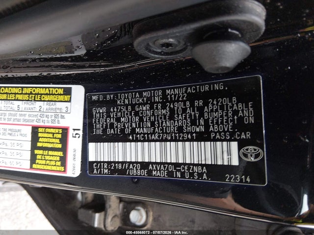 Aukcja sprzedaży 2023 Toyota Camry Le, vin: 4T1C11AK7PU112941, numer aukcji: 45568072