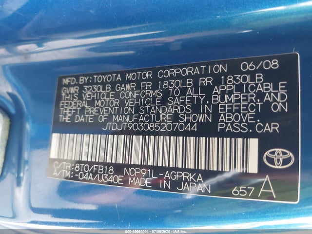 2008 Toyota Yaris მანქანა იყიდება აუქციონზე, vin: JTDJT903085207044, აუქციონის ნომერი: 45568091