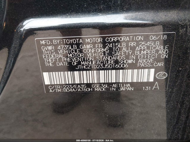 Aukcja sprzedaży 2018 Lexus Is 350, vin: JTHCZ1D23J5016006, numer aukcji: 45568100