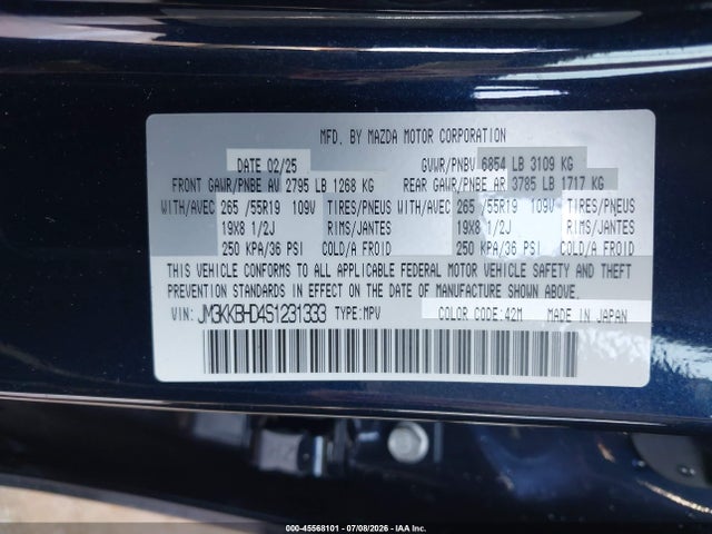 45568101 :رقم المزاد ، JM3KKBHD4S1231333 vin ، 2025 Mazda Cx-90 3.3 Turbo Preferred Package مزاد بيع