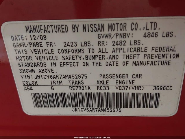 Продаж на аукціоні авто 2010 Infiniti G37x, vin: JN1CV6AR7AM452975, номер лоту: 45568108
