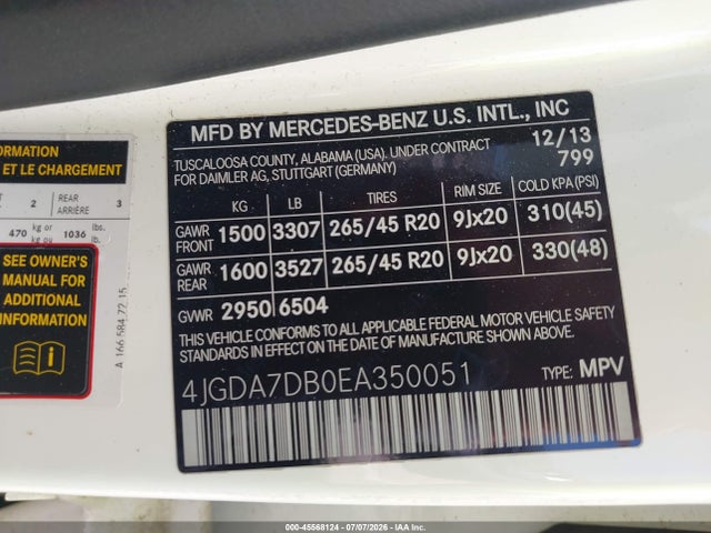 Aukcja sprzedaży 2014 Mercedes-benz Ml 550 4matic, vin: 4JGDA7DB0EA350051, numer aukcji: 45568124