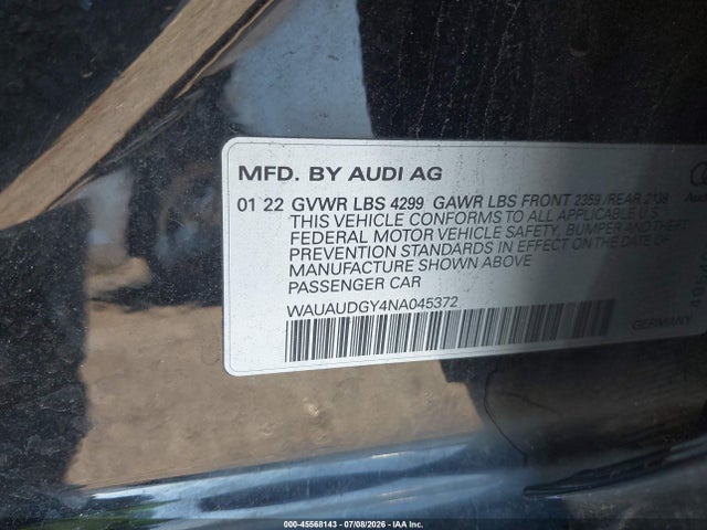 45568143 :رقم المزاد ، WAUAUDGY4NA045372 vin ، 2022 Audi A3 Premium 40 Tfsi Front-wheel Drive S Tronic مزاد بيع