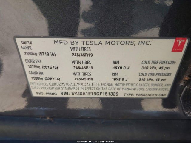 Tesla Model S 60/70/75/85 2016 5YJSA1E19GF151329 Image 9