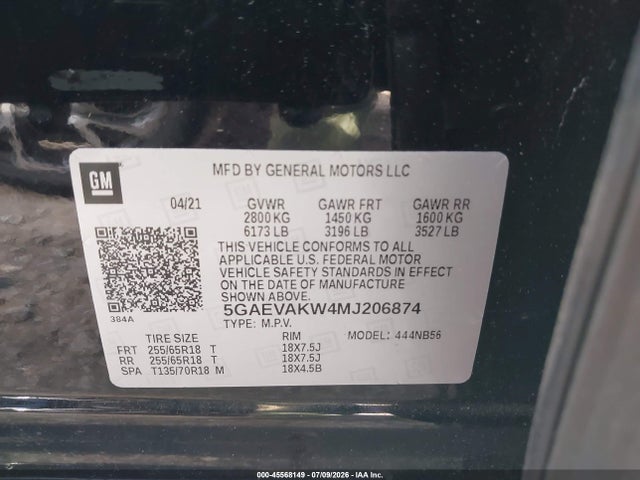 45568149 :رقم المزاد ، 5GAEVAKW4MJ206874 vin ، 2021 Buick Enclave Awd Essence مزاد بيع