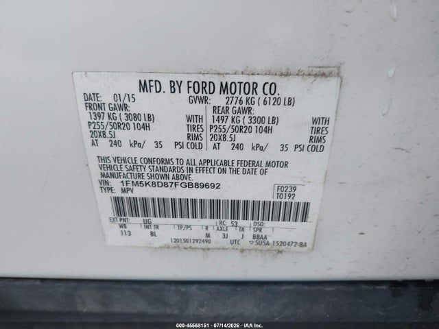 Ford EXPLORER XLT 2015 1FM5K8D87FGB89692 Image 9