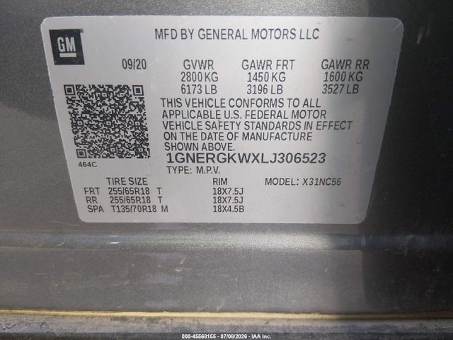 Aukcja sprzedaży 2020 Chevrolet Traverse Fwd Lt Cloth, vin: 1GNERGKWXLJ306523, numer aukcji: 45568155