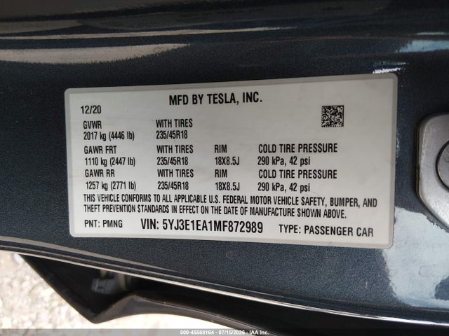 45568164 :رقم المزاد ، 5YJ3E1EA1MF872989 vin ، 2021 Tesla Model 3 Standard Range Plus Rear-wheel Drive مزاد بيع
