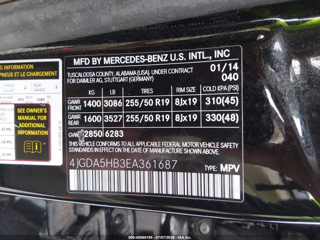 45568195 :رقم المزاد ، 4JGDA5HB3EA361687 vin ، 2014 Mercedes-benz Ml 350 4matic مزاد بيع
