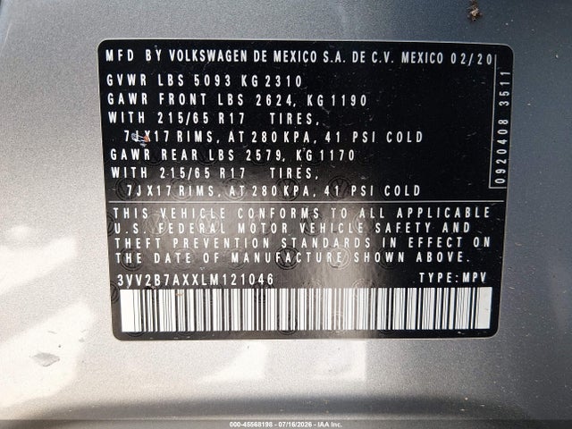 45568198 :رقم المزاد ، 3VV2B7AXXLM121046 vin ، 2020 Volkswagen Tiguan 2.0t Se/2.0t Se R-line Black/2.0t Sel مزاد بيع