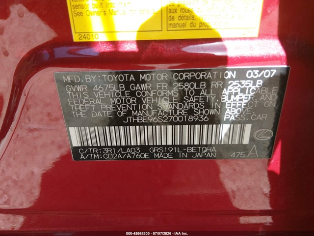 Aukcja sprzedaży 2007 Lexus Gs 350, vin: JTHBE96S270018936, numer aukcji: 45568200
