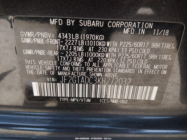 Продаж на аукціоні авто 2019 Subaru Crosstrek 2.0i Premium, vin: JF2GTADC3KH272032, номер лоту: 45568206