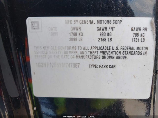 Aukcja sprzedaży 2000 Pontiac Grand Am Se1, vin: 1G2NF12E6YM747887, numer aukcji: 45568210