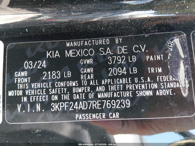 45568244 :رقم المزاد ، 3KPF24AD7RE769239 vin ، 2024 Kia Forte Lxs مزاد بيع