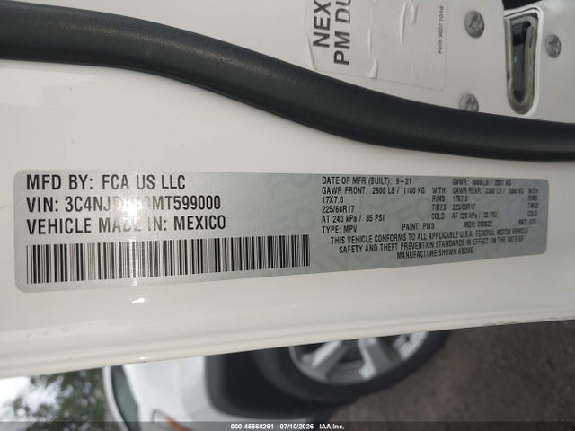45568261 :رقم المزاد ، 3C4NJDBB9MT599000 vin ، 2021 Jeep Compass Latitude 4x4 مزاد بيع