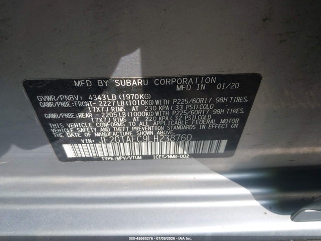 Продаж на аукціоні авто 2020 Subaru Crosstrek Premium, vin: JF2GTAEC9LH238760, номер лоту: 45568276