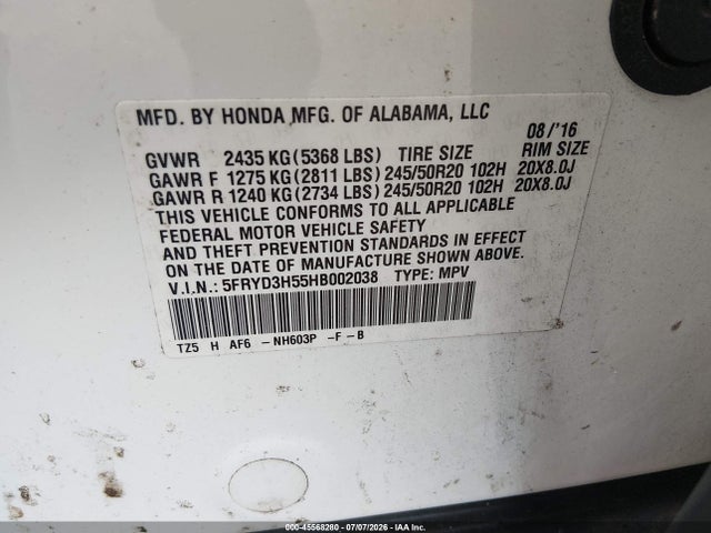 45568280 :رقم المزاد ، 5FRYD3H55HB002038 vin ، 2017 Acura Mdx Technology Package مزاد بيع