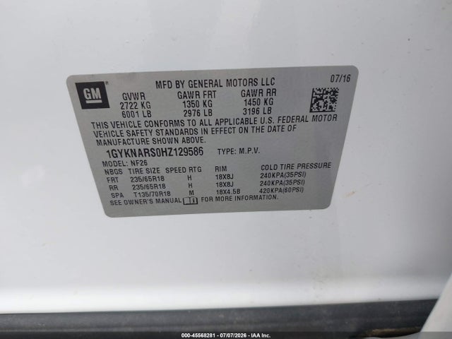 Продаж на аукціоні авто 2017 Cadillac Xt5 Standard, vin: 1GYKNARS0HZ129586, номер лоту: 45568281