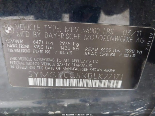 Aukcja sprzedaży 2011 Bmw X5 M, vin: 5YMGY0C5XBLK27171, numer aukcji: 45568301