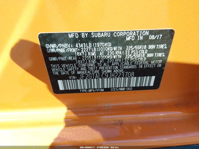 2018 Subaru Crosstrek 2.0i Limited მანქანა იყიდება აუქციონზე, vin: JF2GTALC9JH223708, აუქციონის ნომერი: 45568317