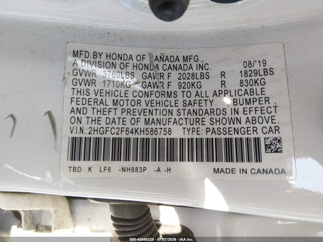 Honda Civic Lx 2019 2HGFC2F64KH586758 Image 9