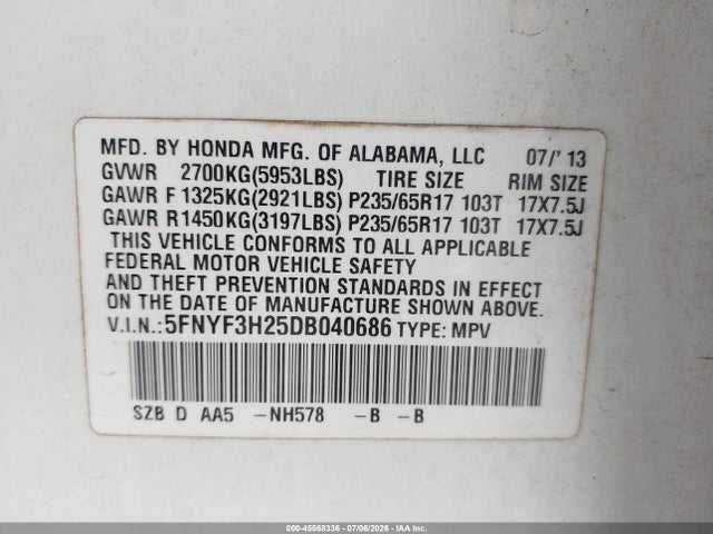 Продаж на аукціоні авто 2013 Honda Pilot Lx, vin: 5FNYF3H25DB040686, номер лоту: 45568336