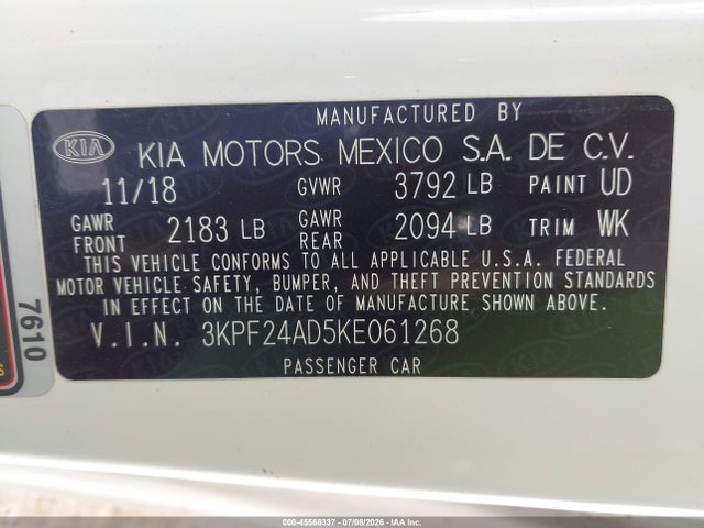 45568337 :رقم المزاد ، 3KPF24AD5KE061268 vin ، 2019 Kia Forte Lxs مزاد بيع